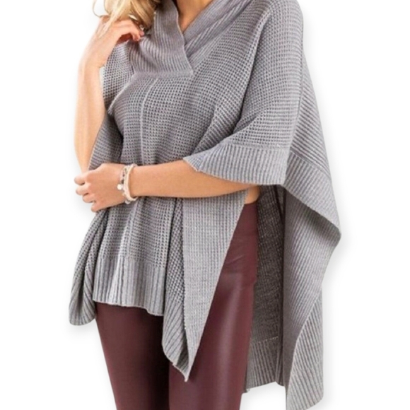 Alya Tops - ALYA Francesca's Gray Poncho Sweater Waffle Knit Medium/Large Oversized